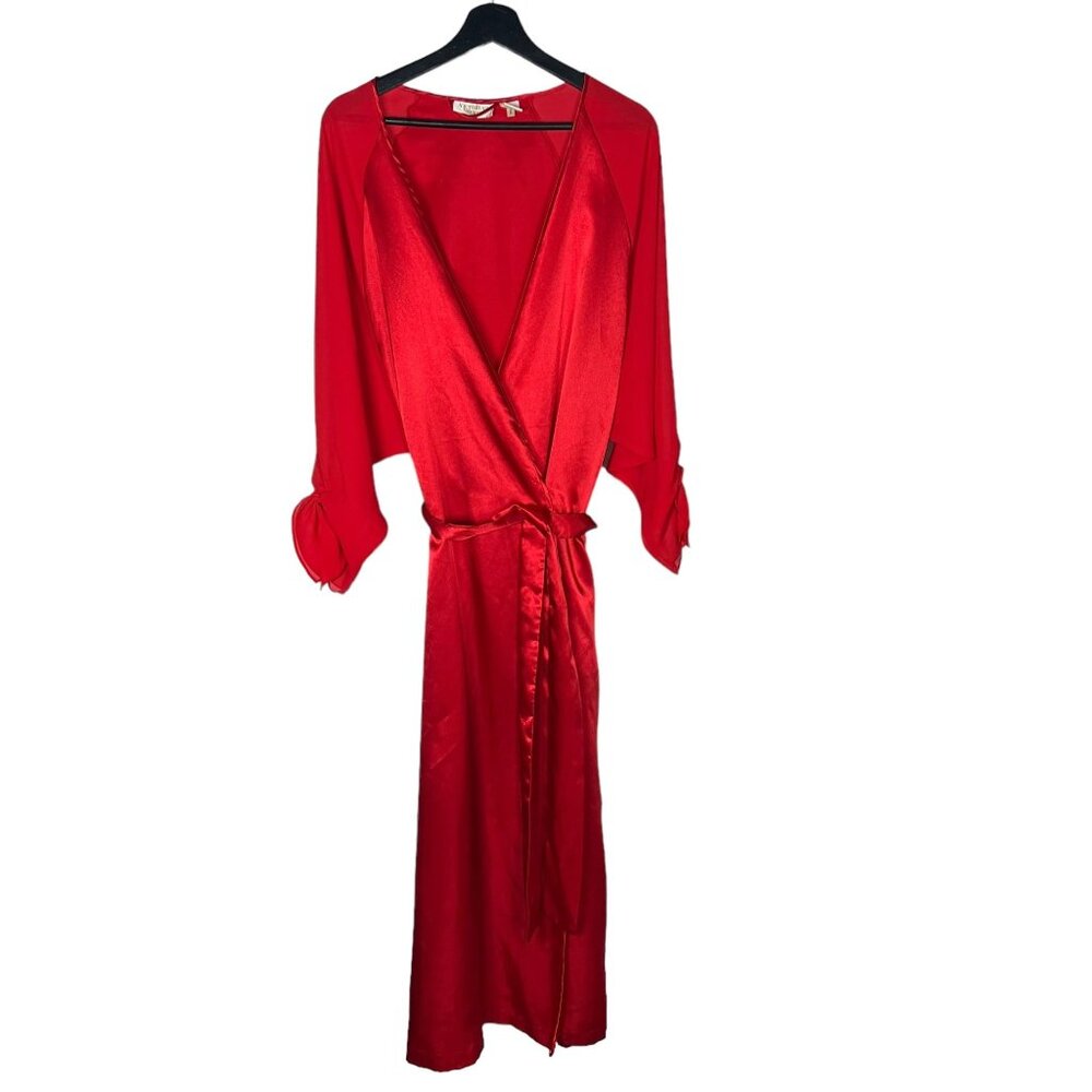 Vintage 90s Gold Label Red Satin Chiffon Long Sleeve Full Length Robe Medium Lar